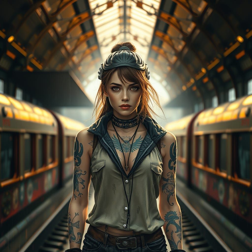 Confident Steampunk Siren in Air Train Station