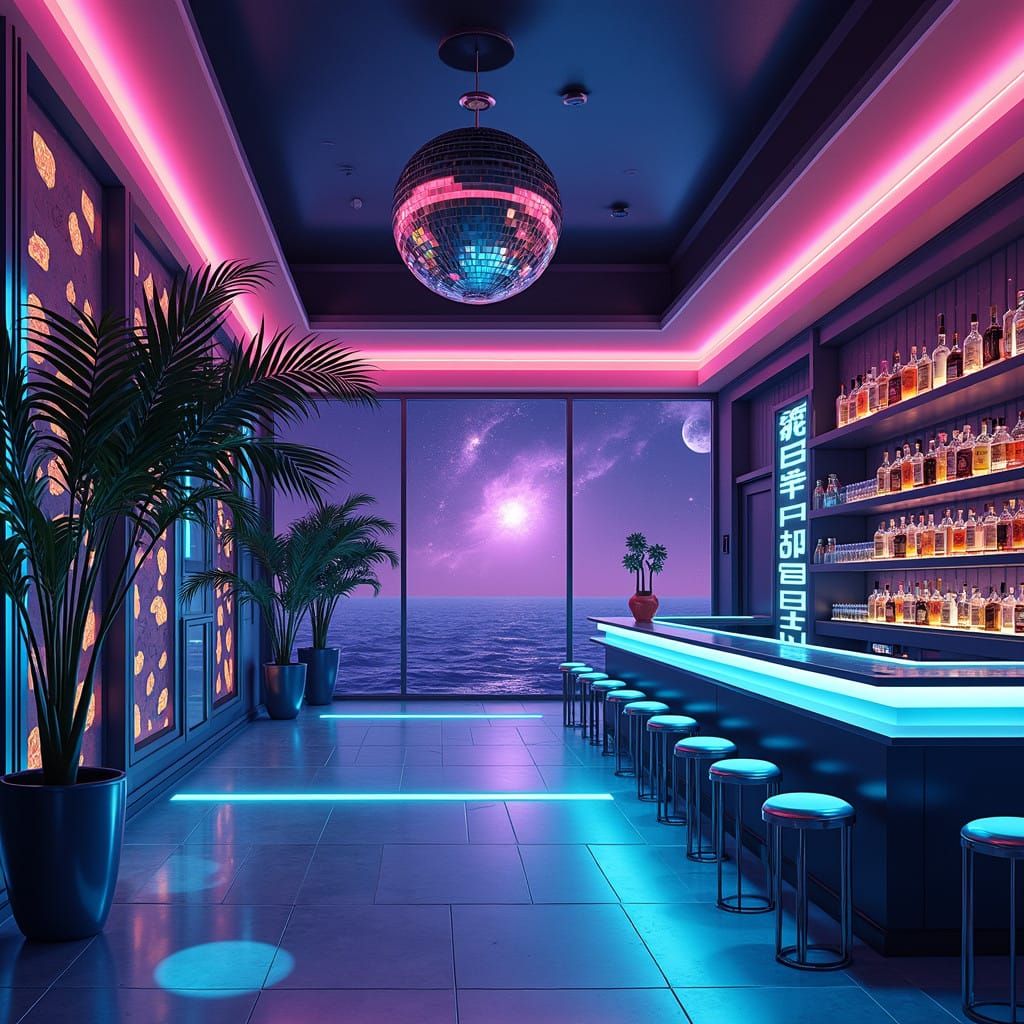 Retro Futuristic Dance Club Scene in Vibrant Dark Pastels