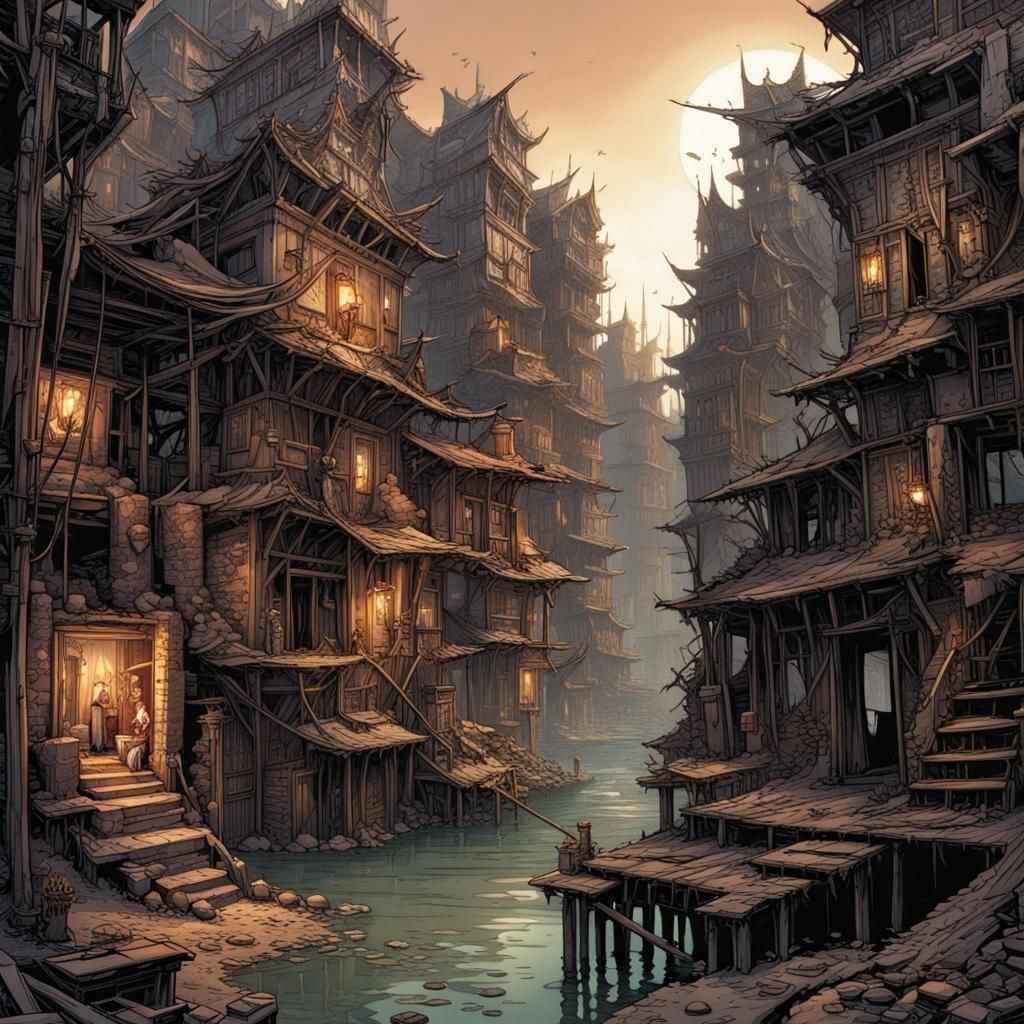 Detailed Slum in Ruined City: Steampunk Comic Art