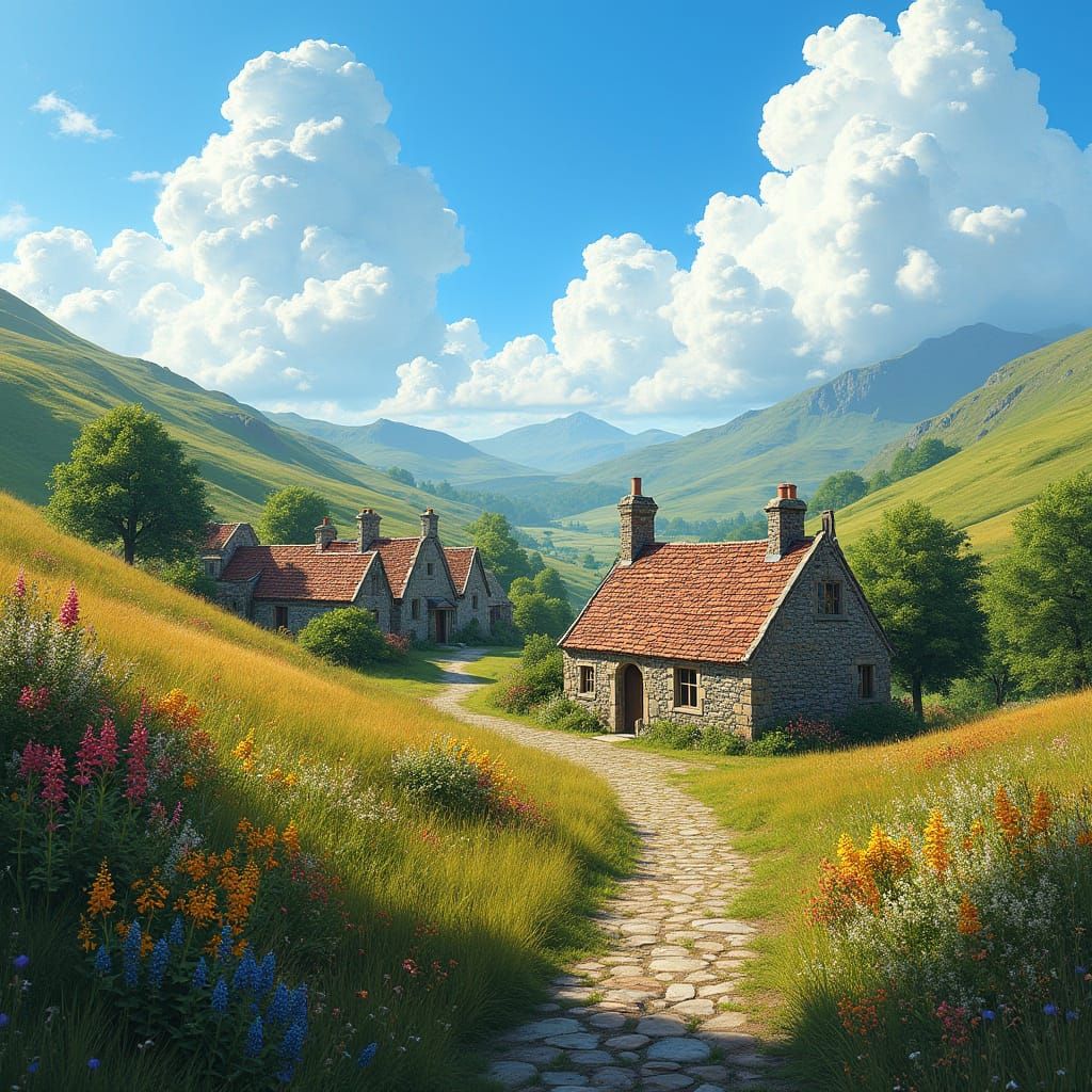 Vibrant Scottish Village Landscape in Hyperrealistic Detail