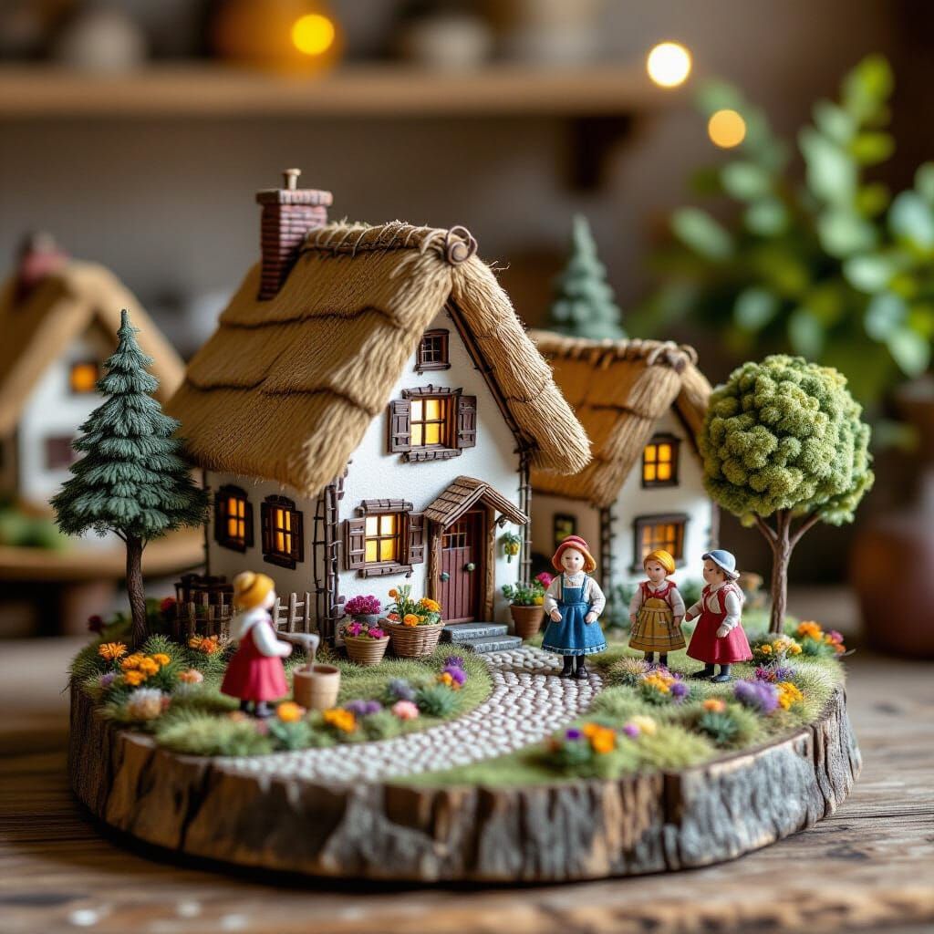 Handcrafted Wire Folk Village with Thatched Roofs