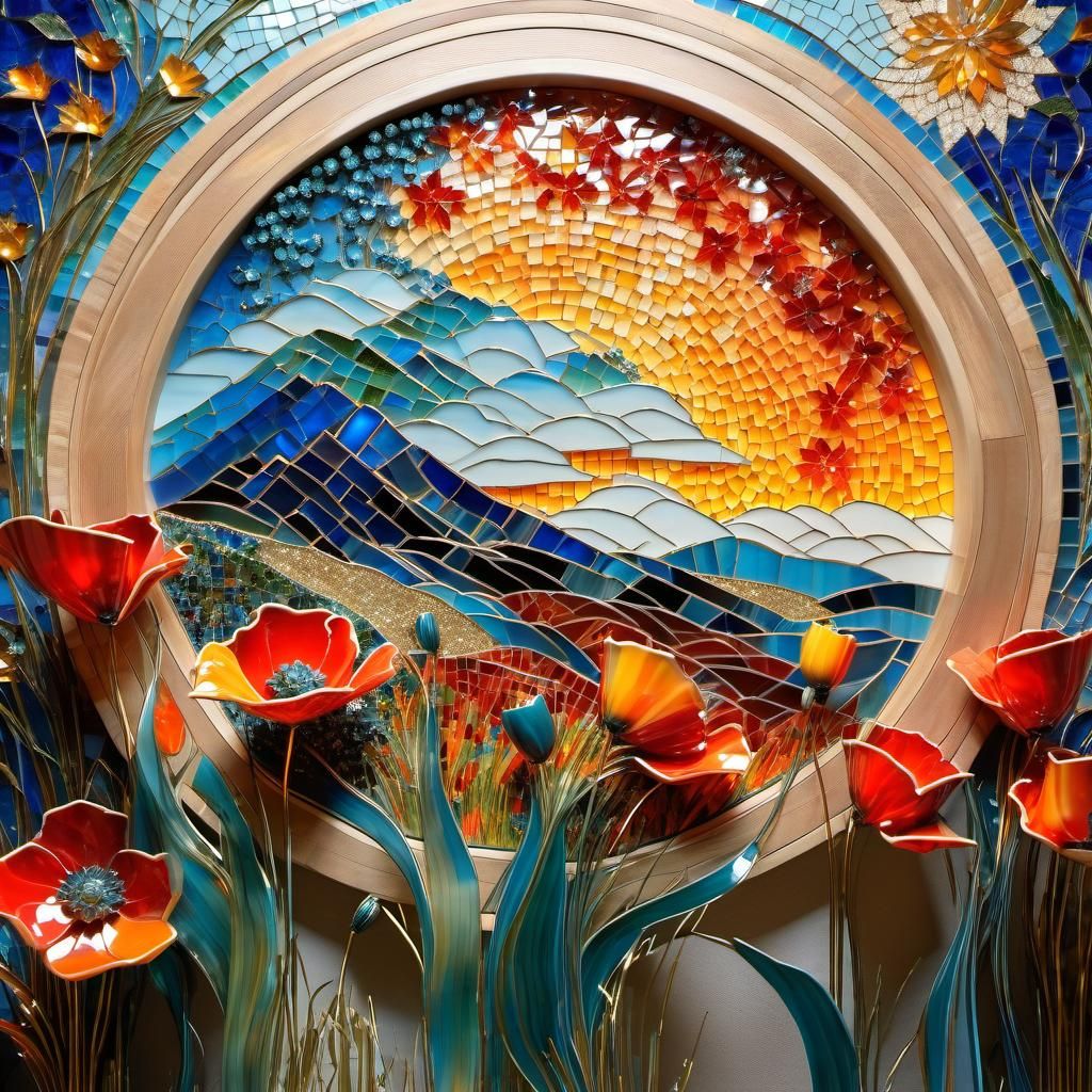 Illuminated Poppy Mosaic Diorama in Fantasy Style