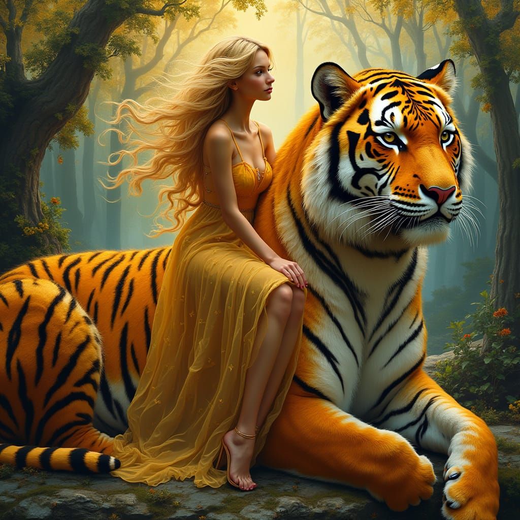 Golden Goddess and the Majestic Tiger in a Dreamlike Jungle