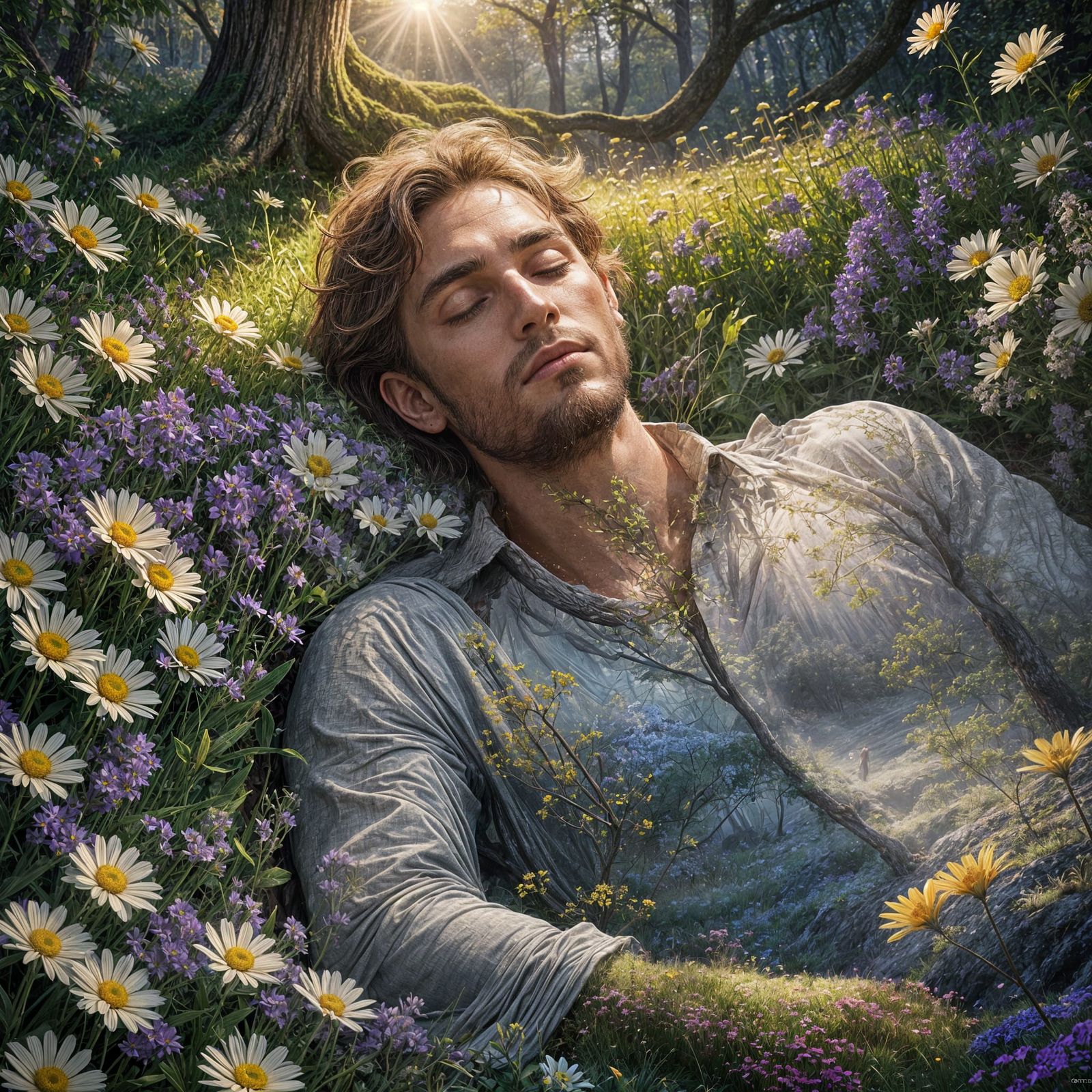 Moonlit Meadow: Sleeping Man in a Fantasy Landscape