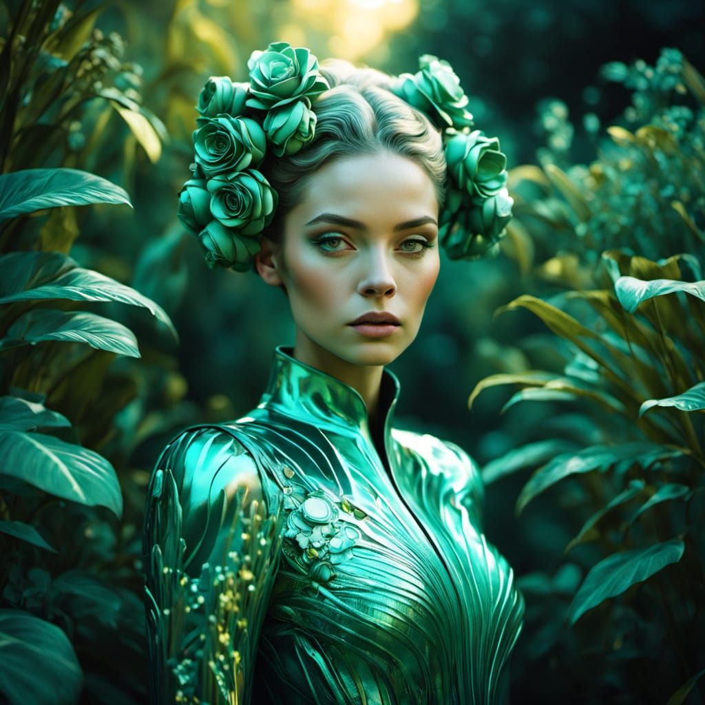 Ethereal Retro Futurism: A Woman in a Lush, Vibrant Garden