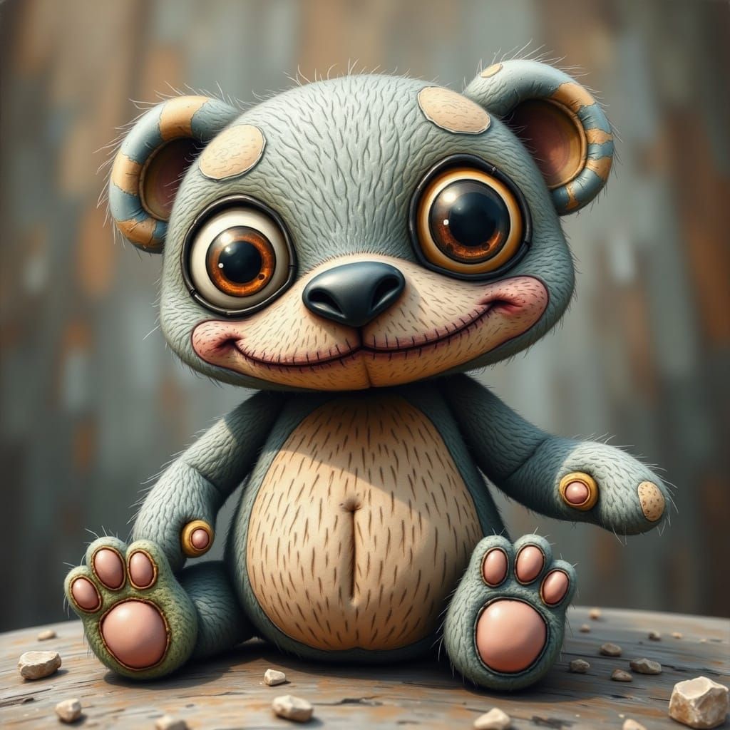 Wide-Eyed Patchwork Teddy Bear in Fantasy Style