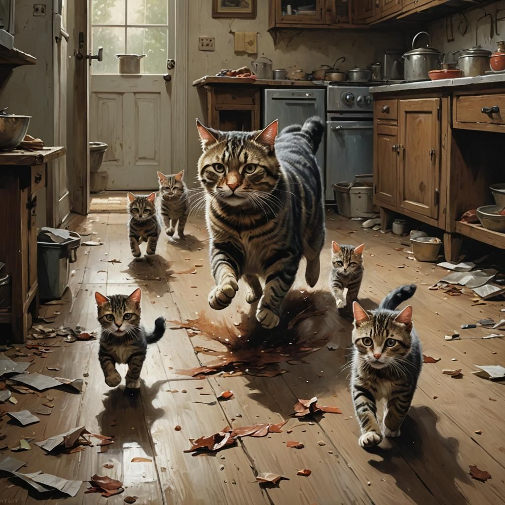 Sinister Cat Family Running Home for Food
