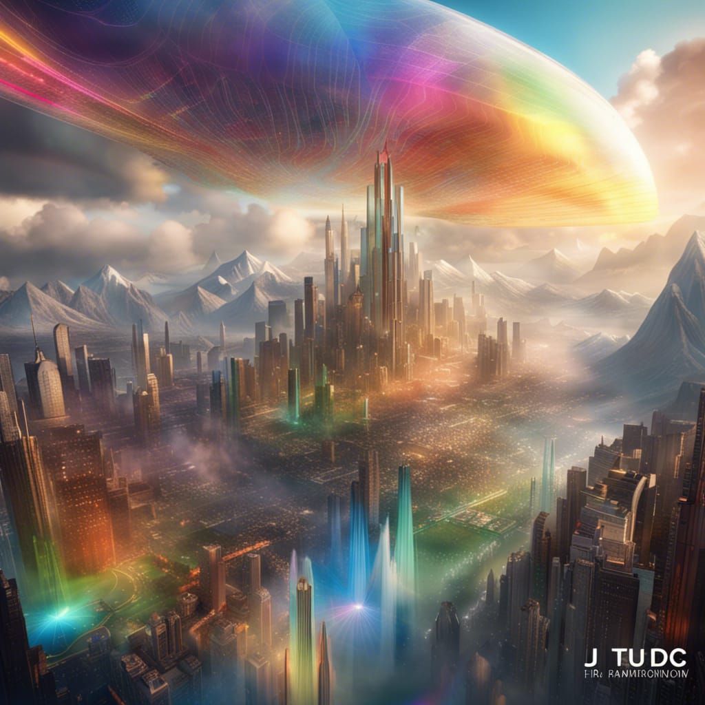 Detailed Floating Cityscape with Rainbow