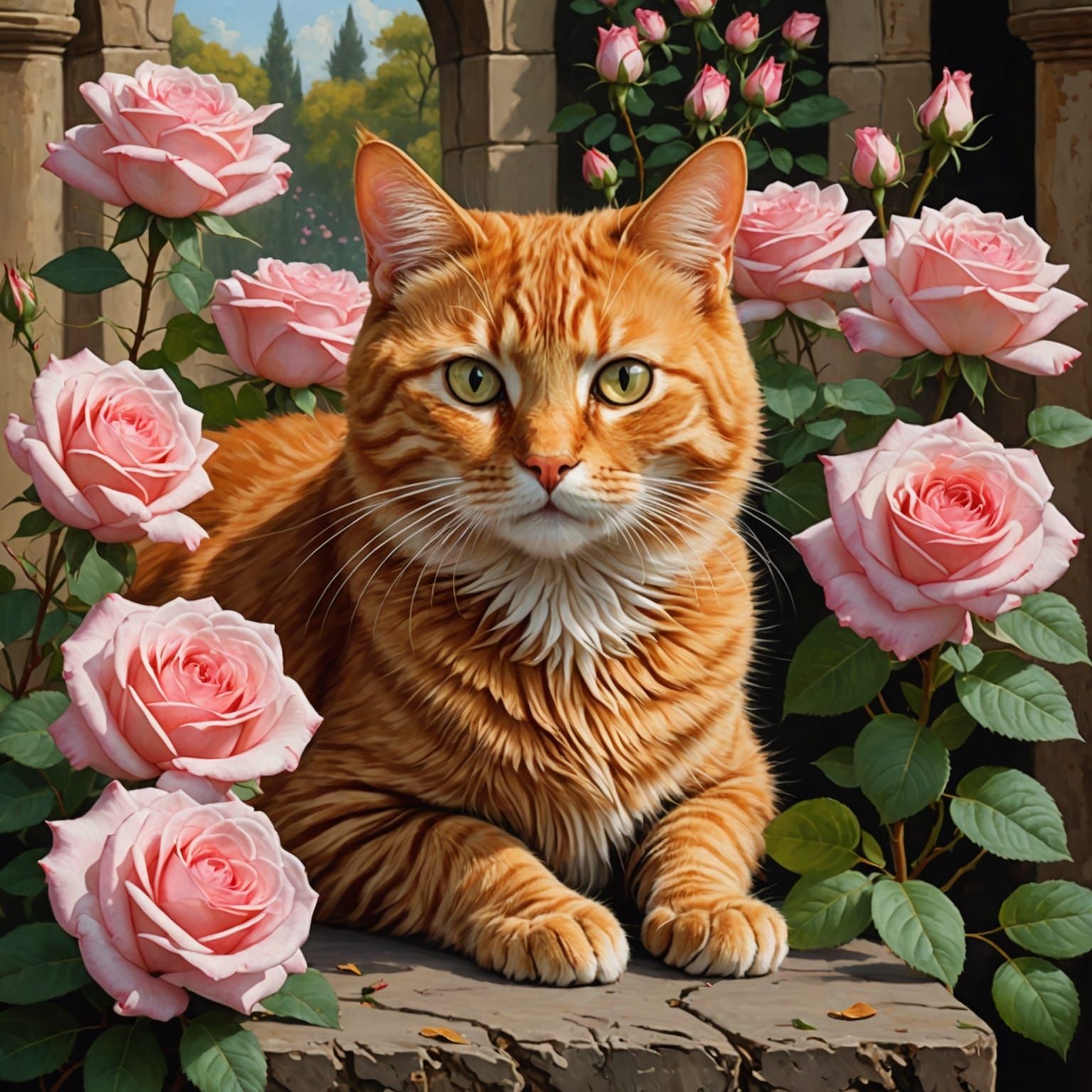 Ginger Tabby Cat in Rose Garden