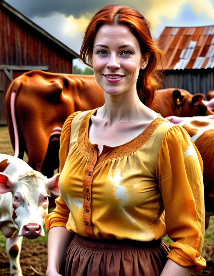 Auburn Haired Woman in Renaissance Farm Scene