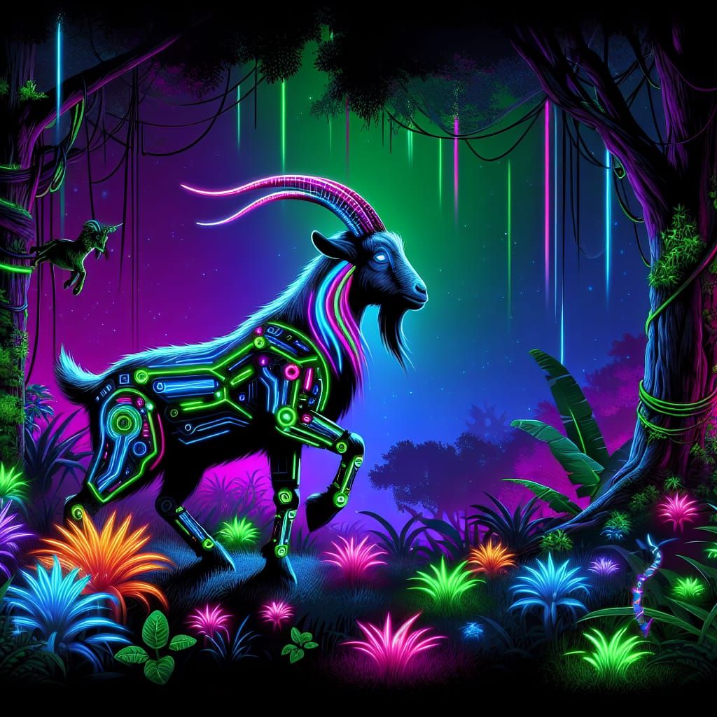 Biopunk Goat in Neon Jungle Exploration