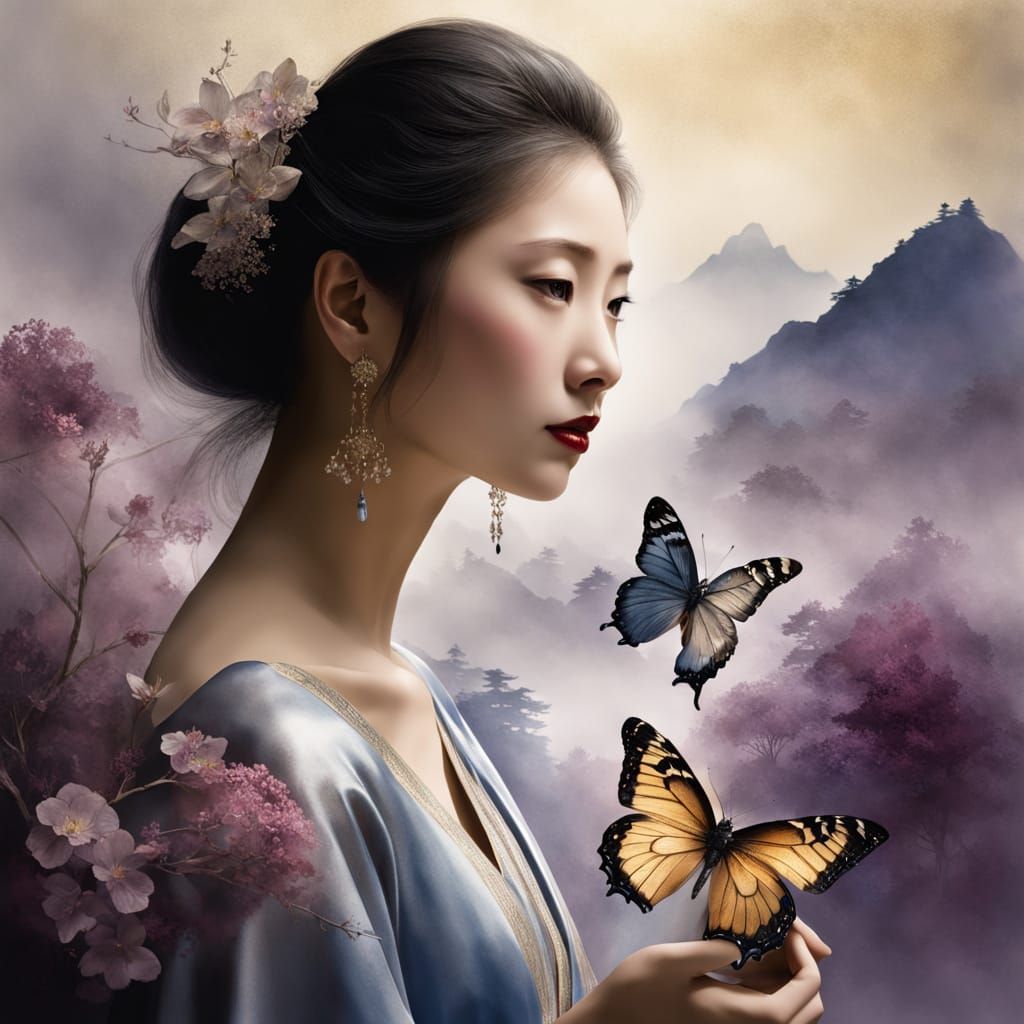 Ethereal Portrait in Whimsical Chinese Landscape