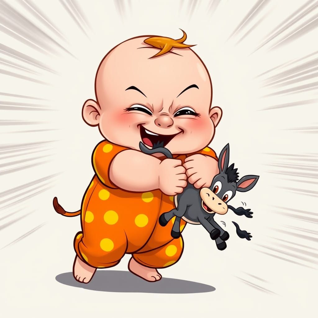 Chubby Baby Shakes Donkey in Exaggerated Cartoon Style