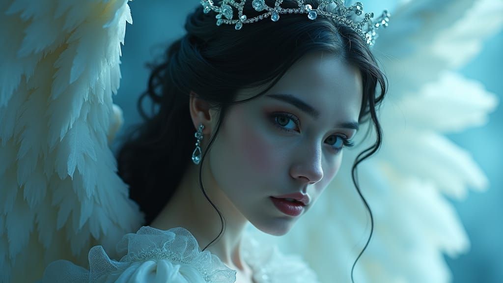 Gothic Fallen Angel with Crystal Wings in Ethereal Light
