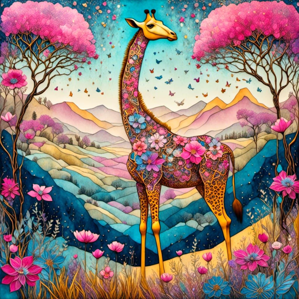 Origami Giraffe with Floral Patterns in Art Brut Style