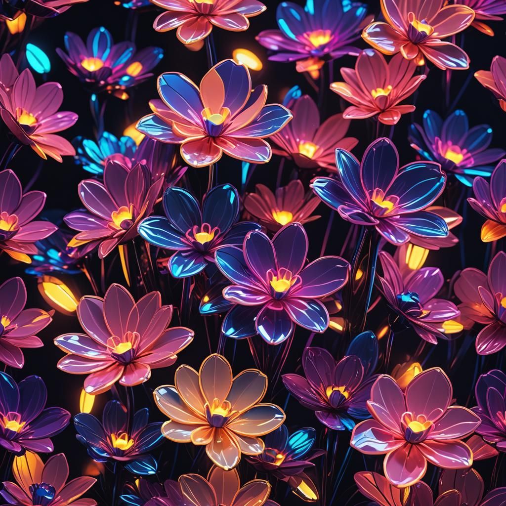 Synthwave Glass Flowers in Neon Retro Style