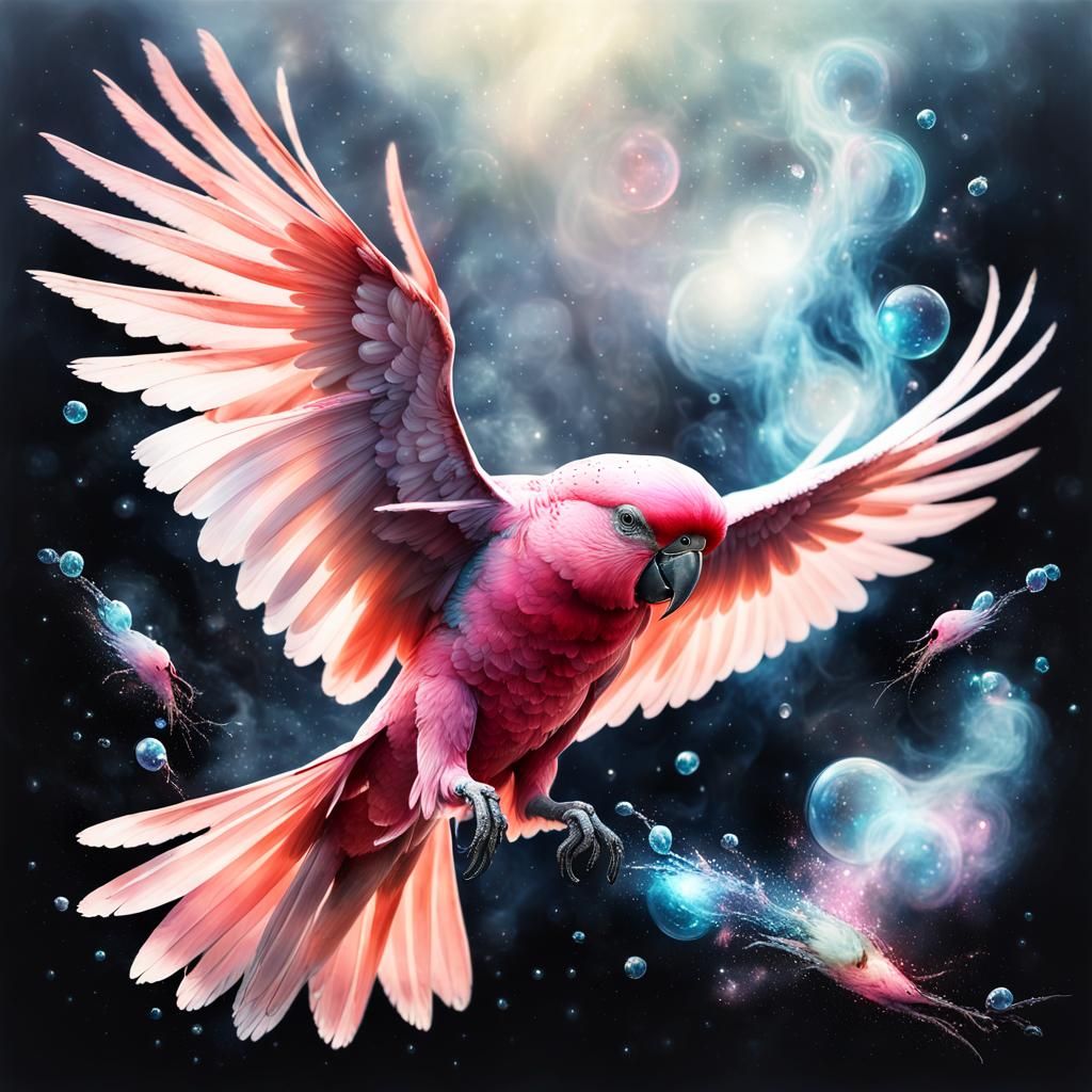 Magical Flaming Galahs Soaring Through a Galaxy