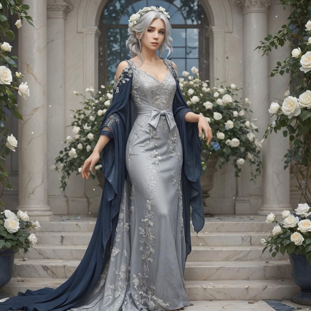 Watercolor Woman in Navy Gown with Roses