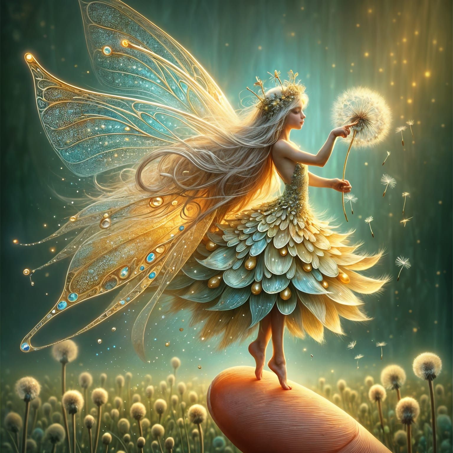 Tiny Fairy Standing on a Finger, Resplendent in Opal Wings
