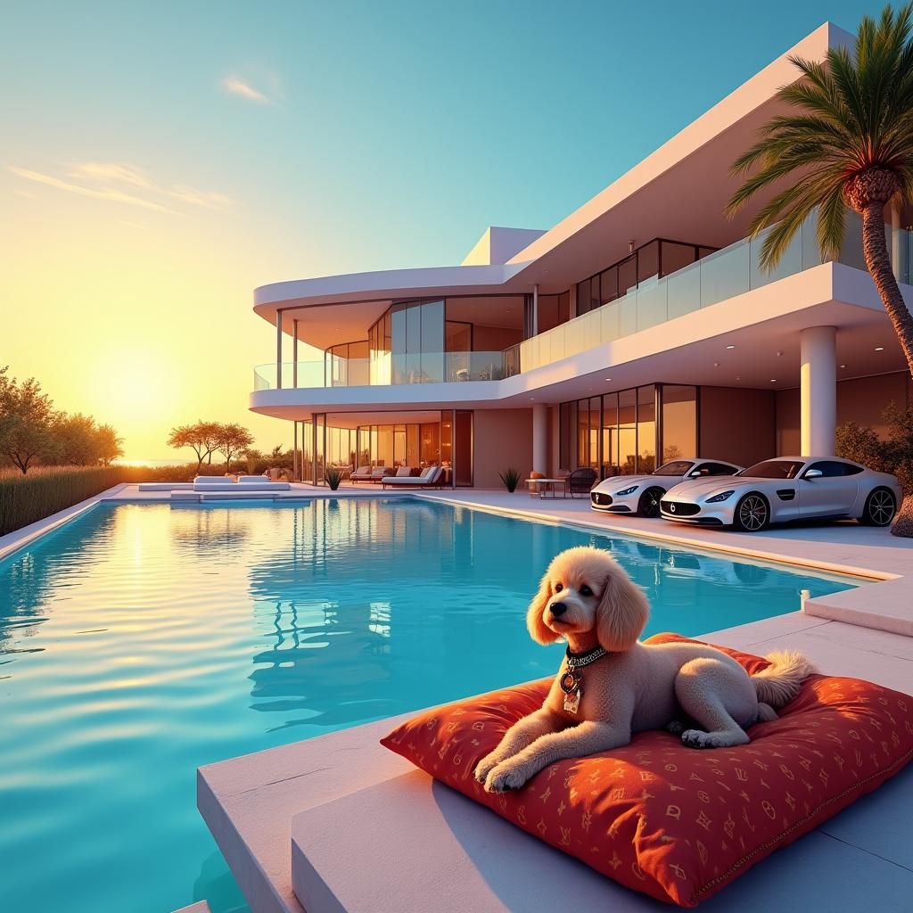 Luxury Mansion with Pool and Cars in Pixar Style