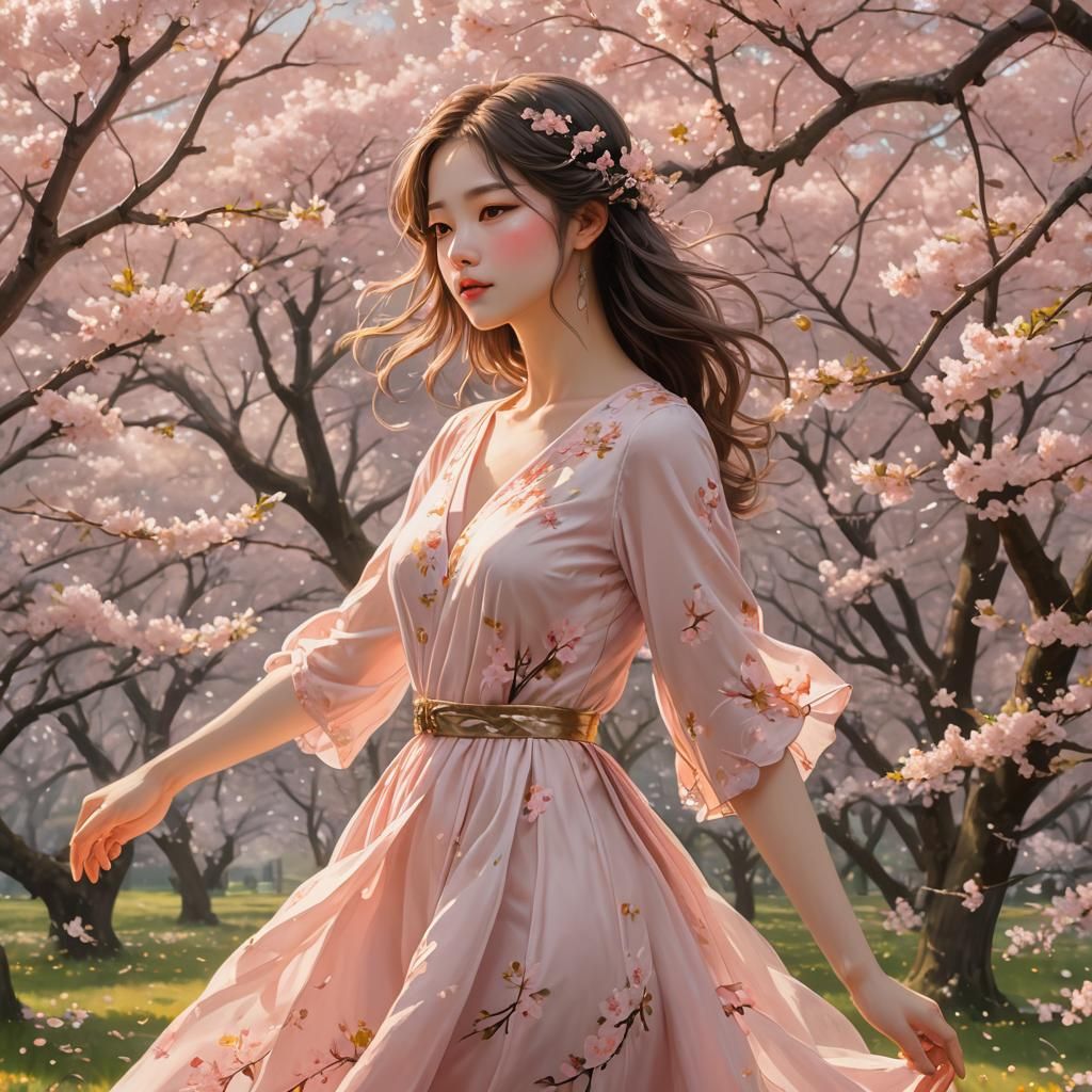 Girl in Cherry Blossoms: Hyperrealistic Digital Art