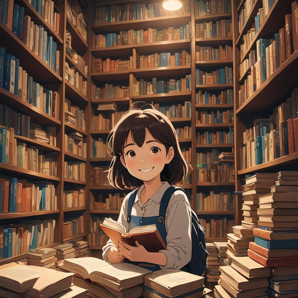Girl Surrounded by Books in Ghibli Style Library