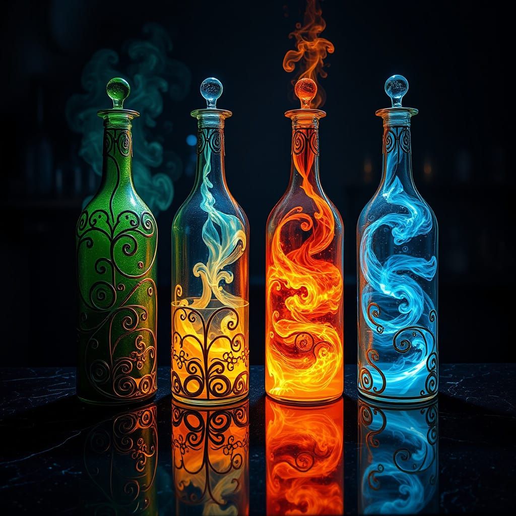 Ornate Glass Bottles in Surrealist Laboratory