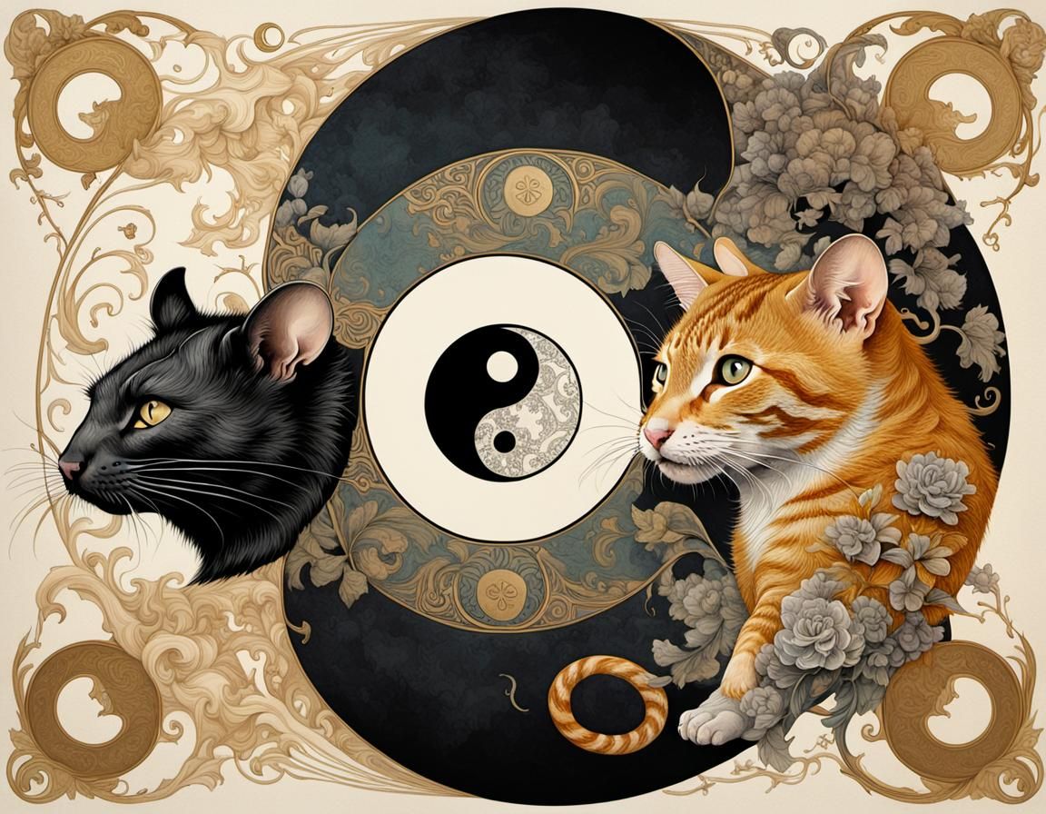 Rat and Cat Yin-Yang in Art Nouveau Style