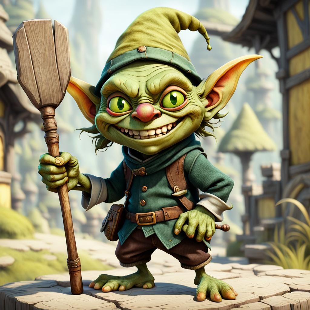 Cartoon Goblin with Mischievous Grin and Wooden Club