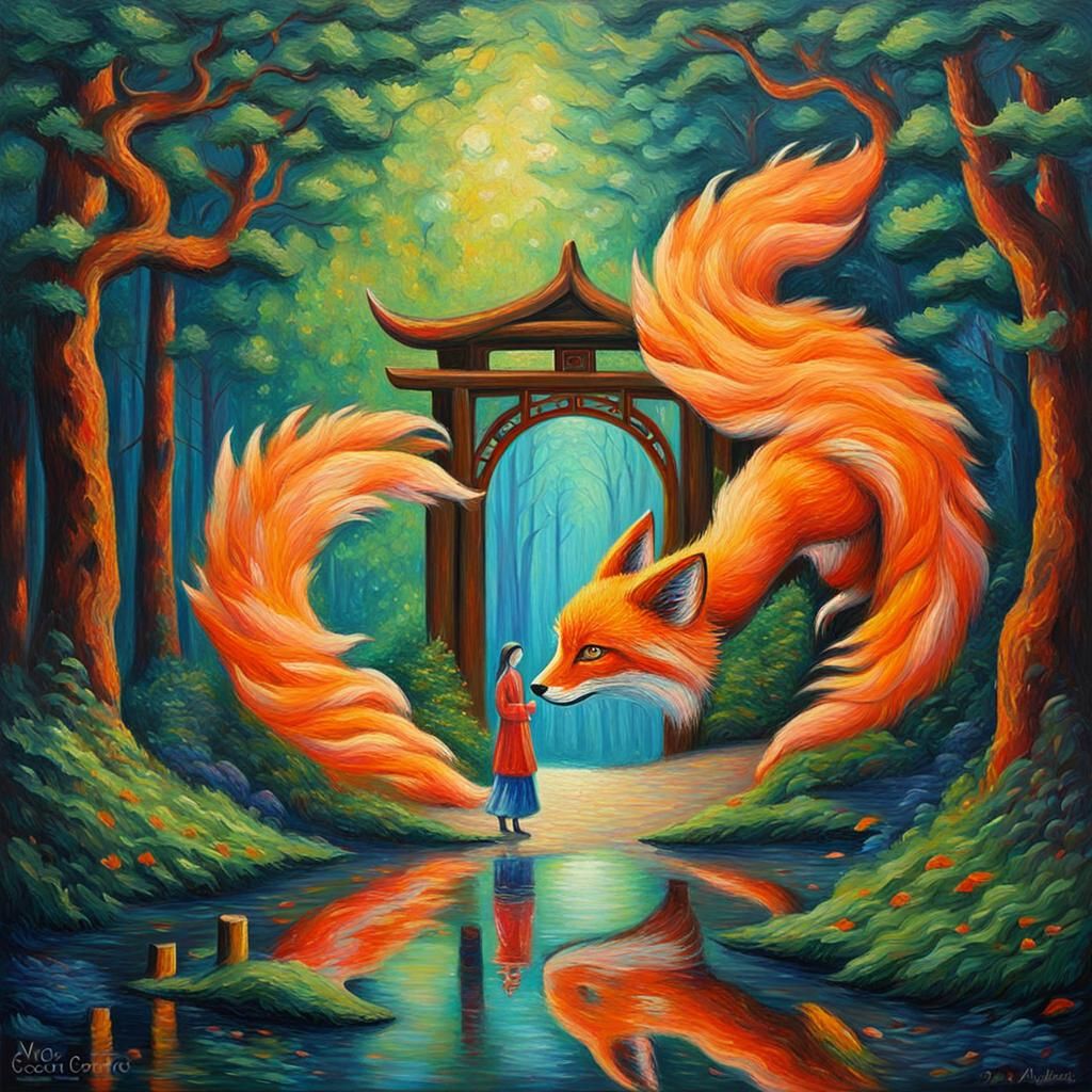 Nine-Tailed Fox and Lady in Neo-Impressionist Style