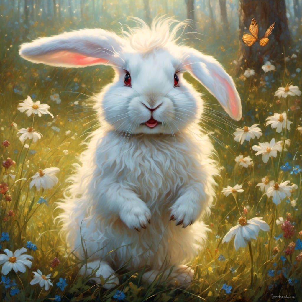 "In the center of the image a white rabbit laughs long hairy fur, he has little fairy wingsstanding you can see its feet...