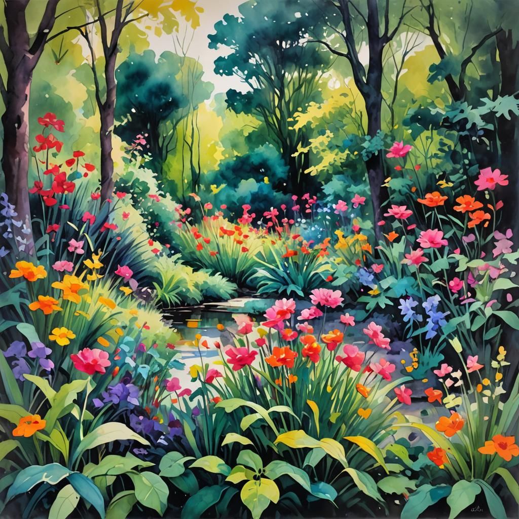 Abstract Watercolor Garden in Expressionist Style