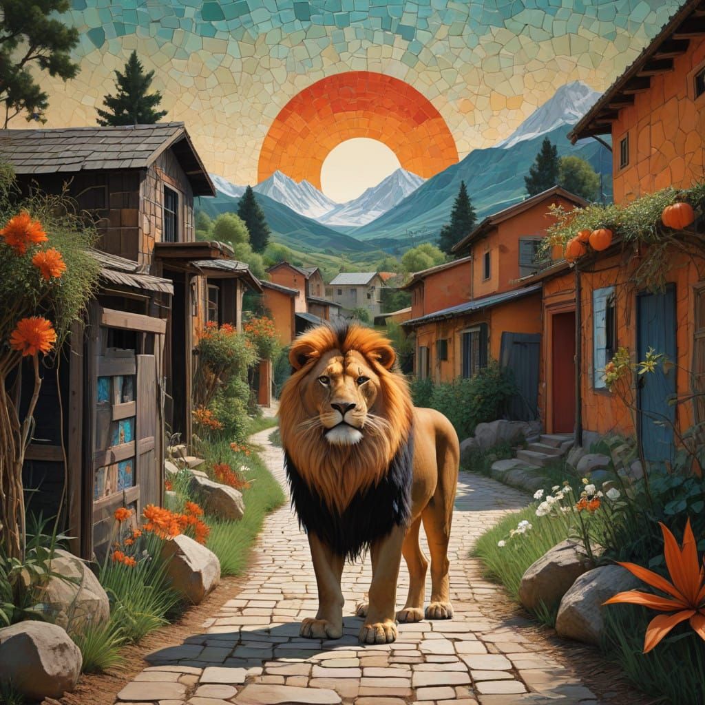 Regal Lion at Village Entrance in Whimsical Collage Style