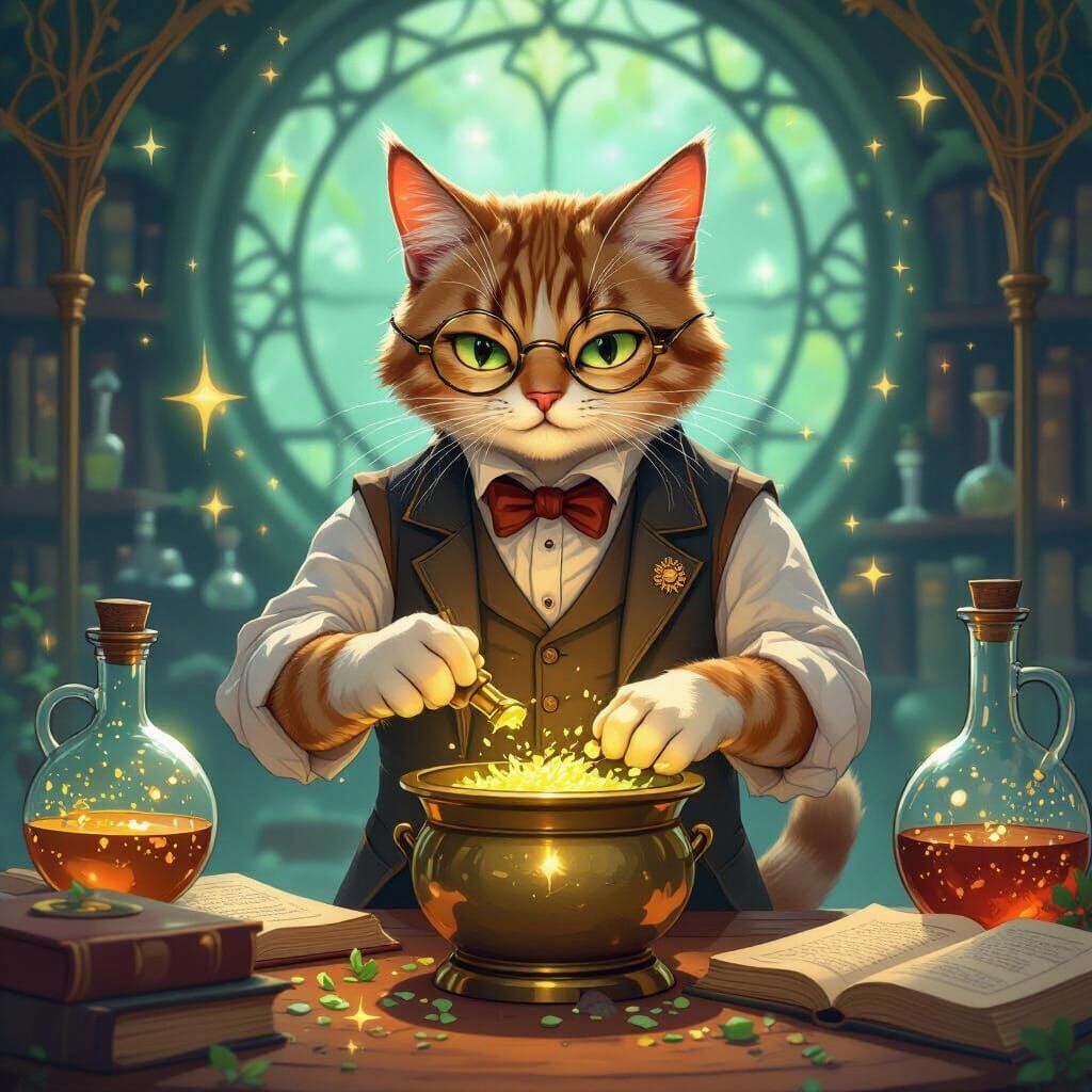 Cat Alchemist Brewing Potions in Art Nouveau Style