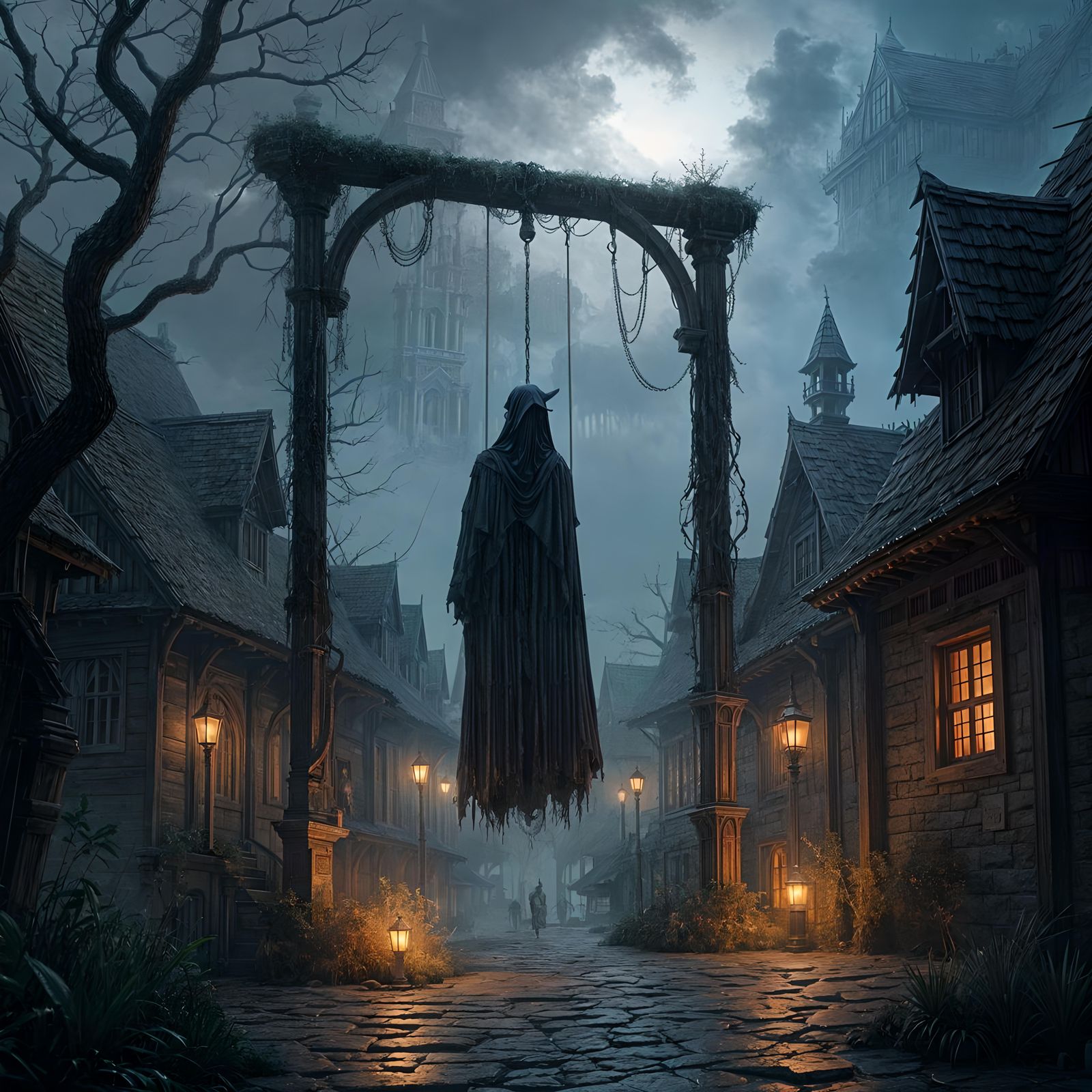 Witch Hanging in Village Courtyard: Detailed Matte Painting