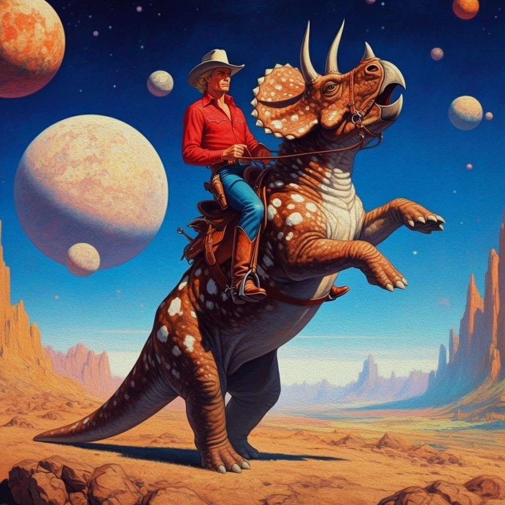 Cowboy Rides Triceratops on Alien Planet