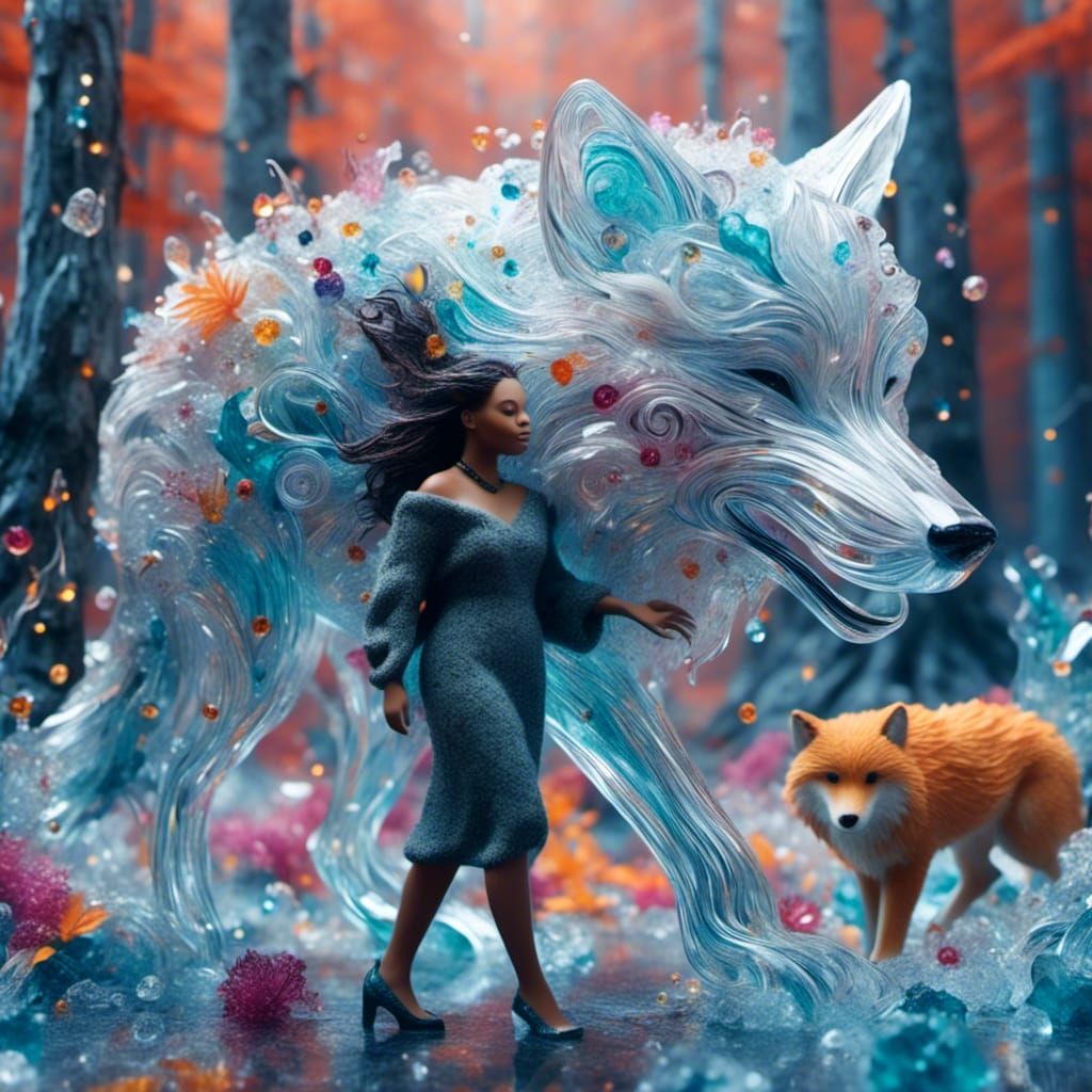 Woman and Wolf in Mystical Abstract Forest