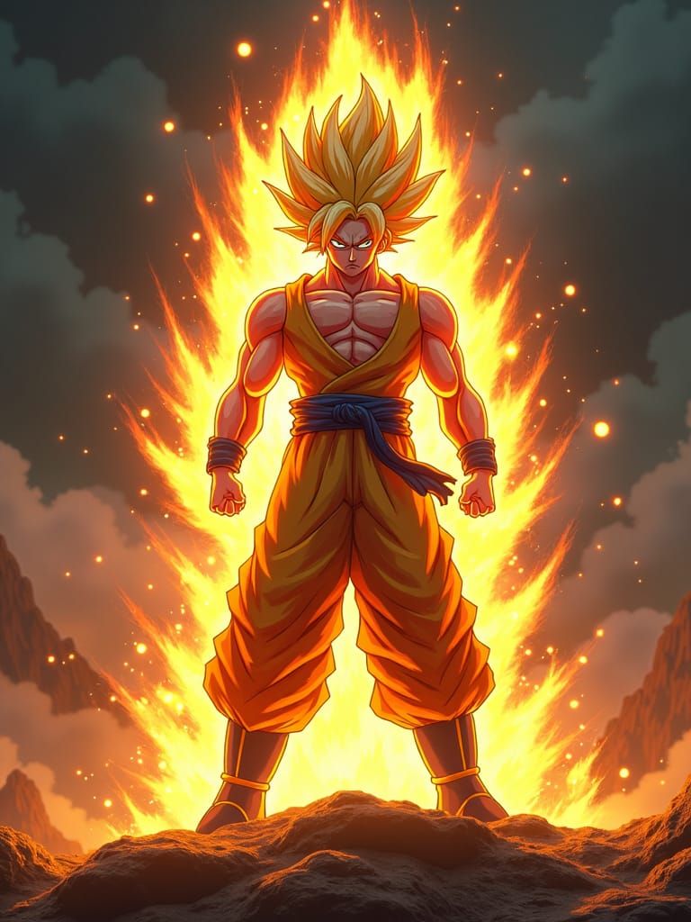 Super Saiyan Songoku Radiating Energy in Ghibli-Shinkai Styl...