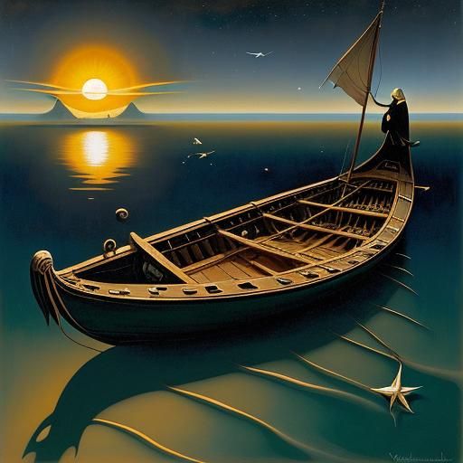 Surrealist Boat Amidst Ocean Stars as Oil Painting