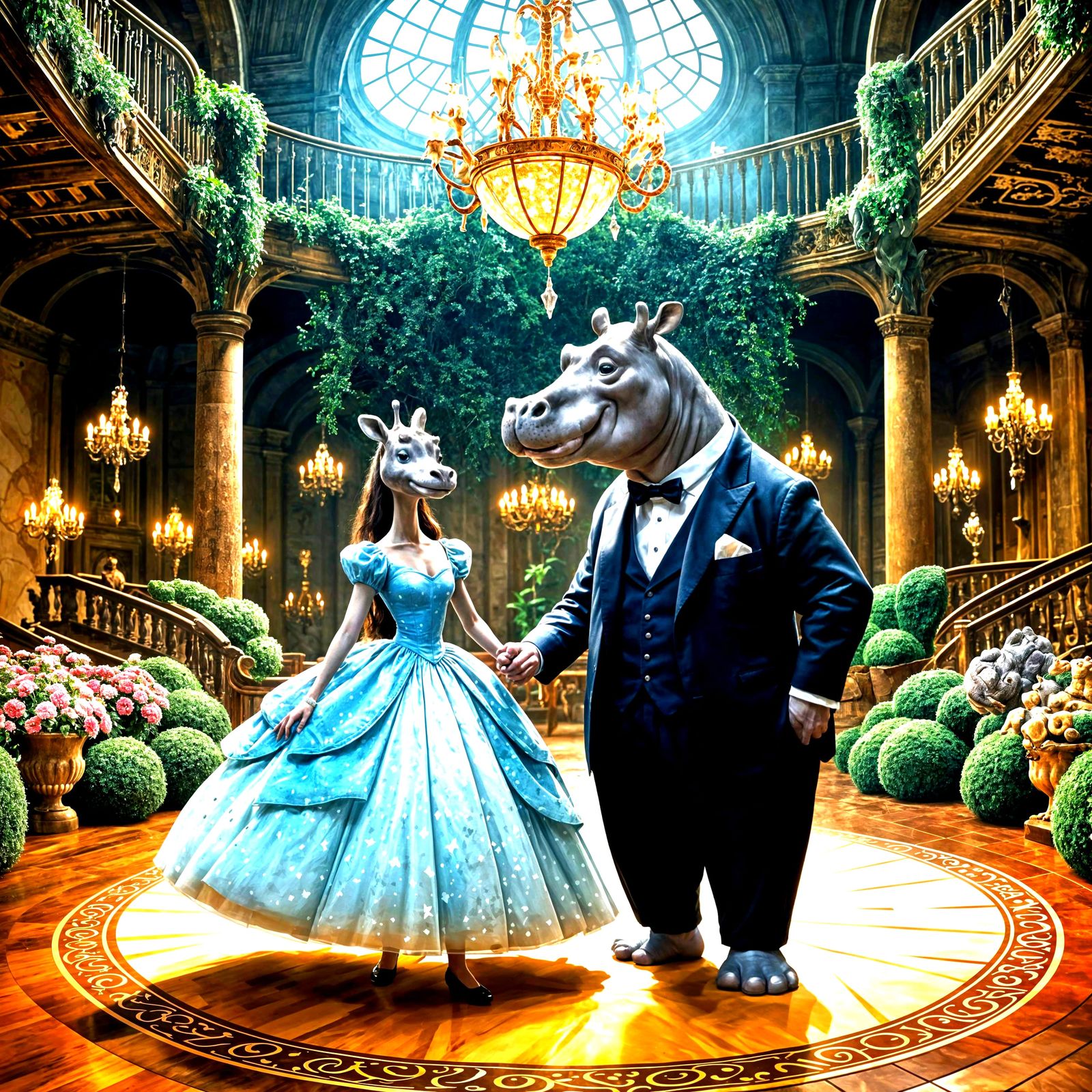 Hippo and Giraffe Foxtrot Dance Together in Love