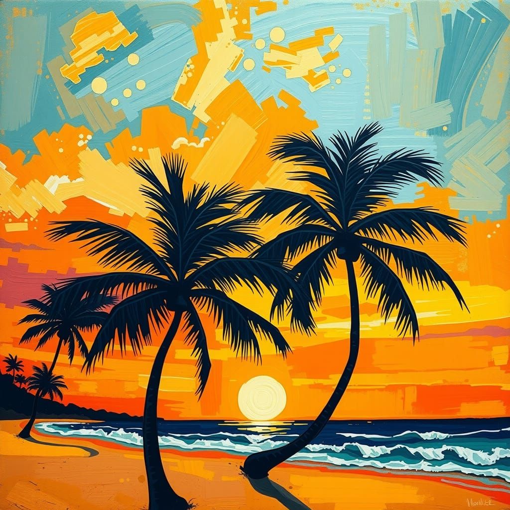 Tropical Sunset in Naive Fauvist Style