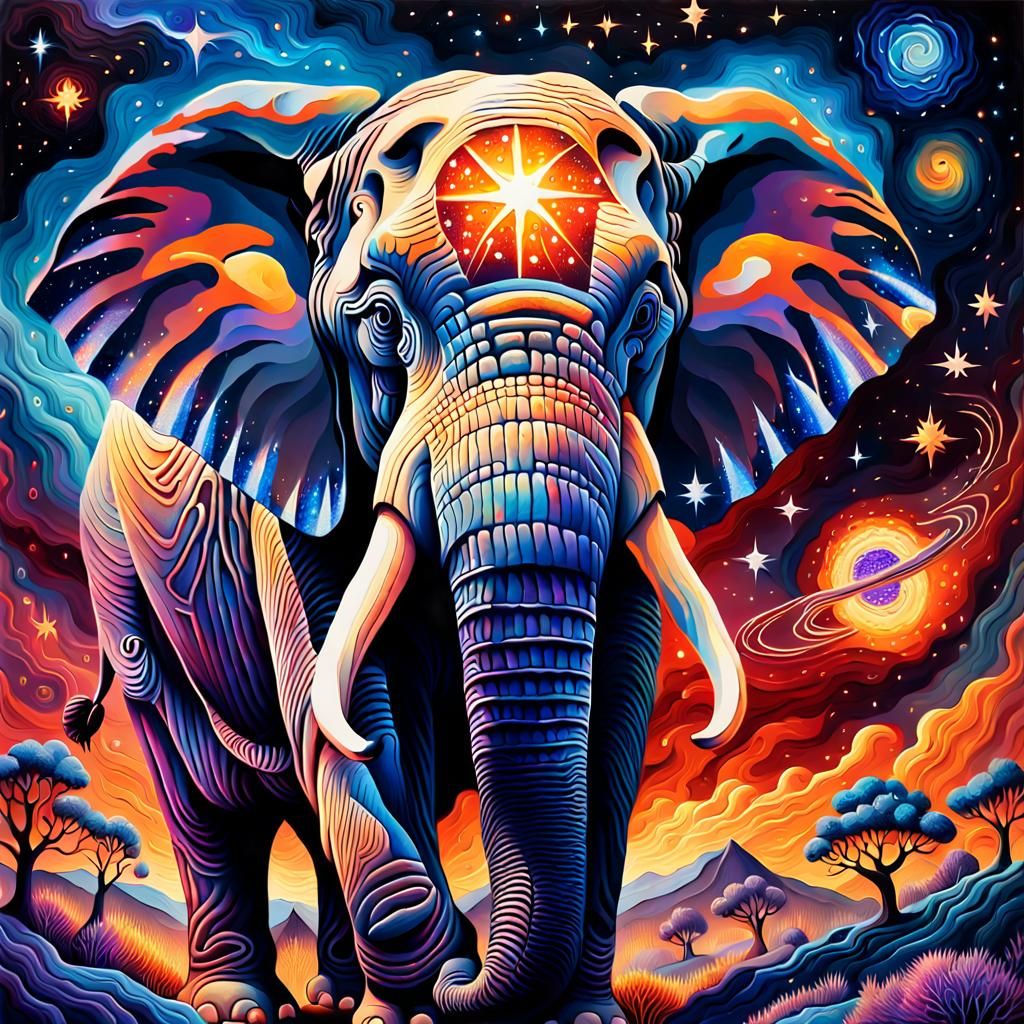Cosmic Elephant in Wildfire: Post-Impressionist Oil Painting