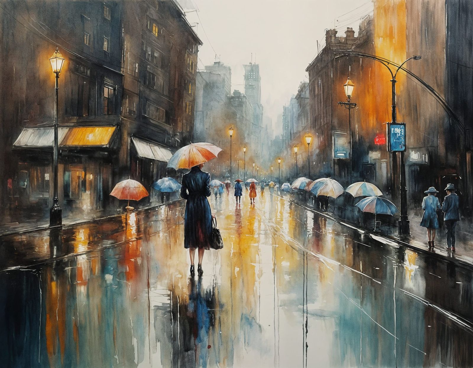 Elegant Woman in a Rainy Cityscape Watercolor