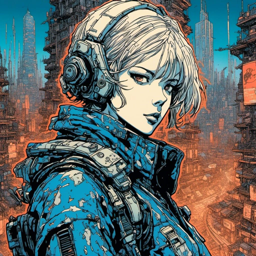 Cyborg in Dystopian Cityscape: Linocut Portrait