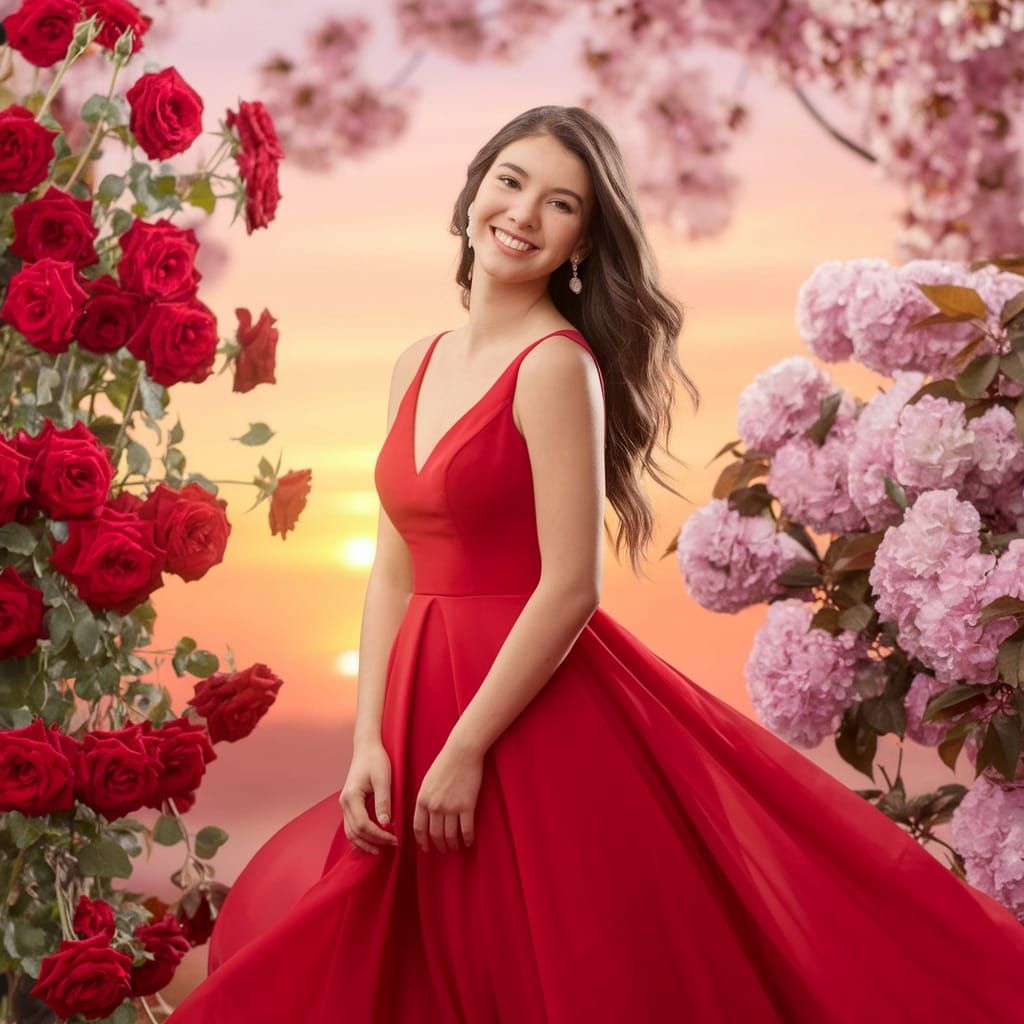 Lovely Young Woman in Red Dress Against Red Roses and Cherry...