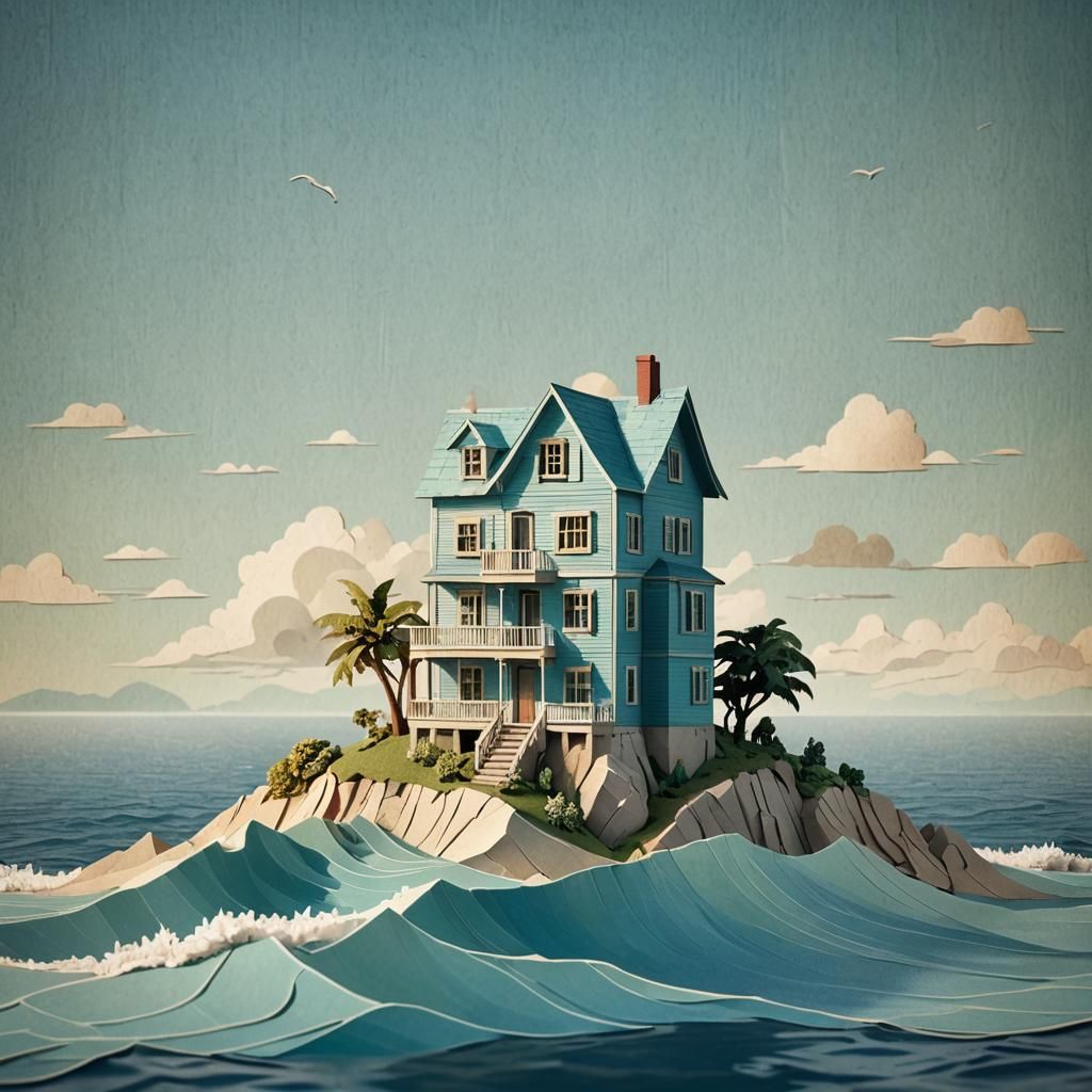 Papercraft House on Tiny Island in Ocean