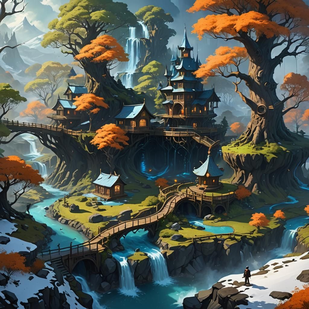 Mystical Kingdom Divided by Stream: Fantasy Concept Art