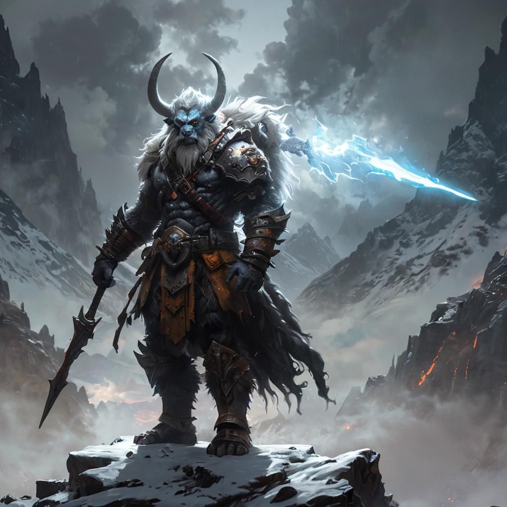 Armored Yeti in Fantasy Landscape: Chiaroscuro Art