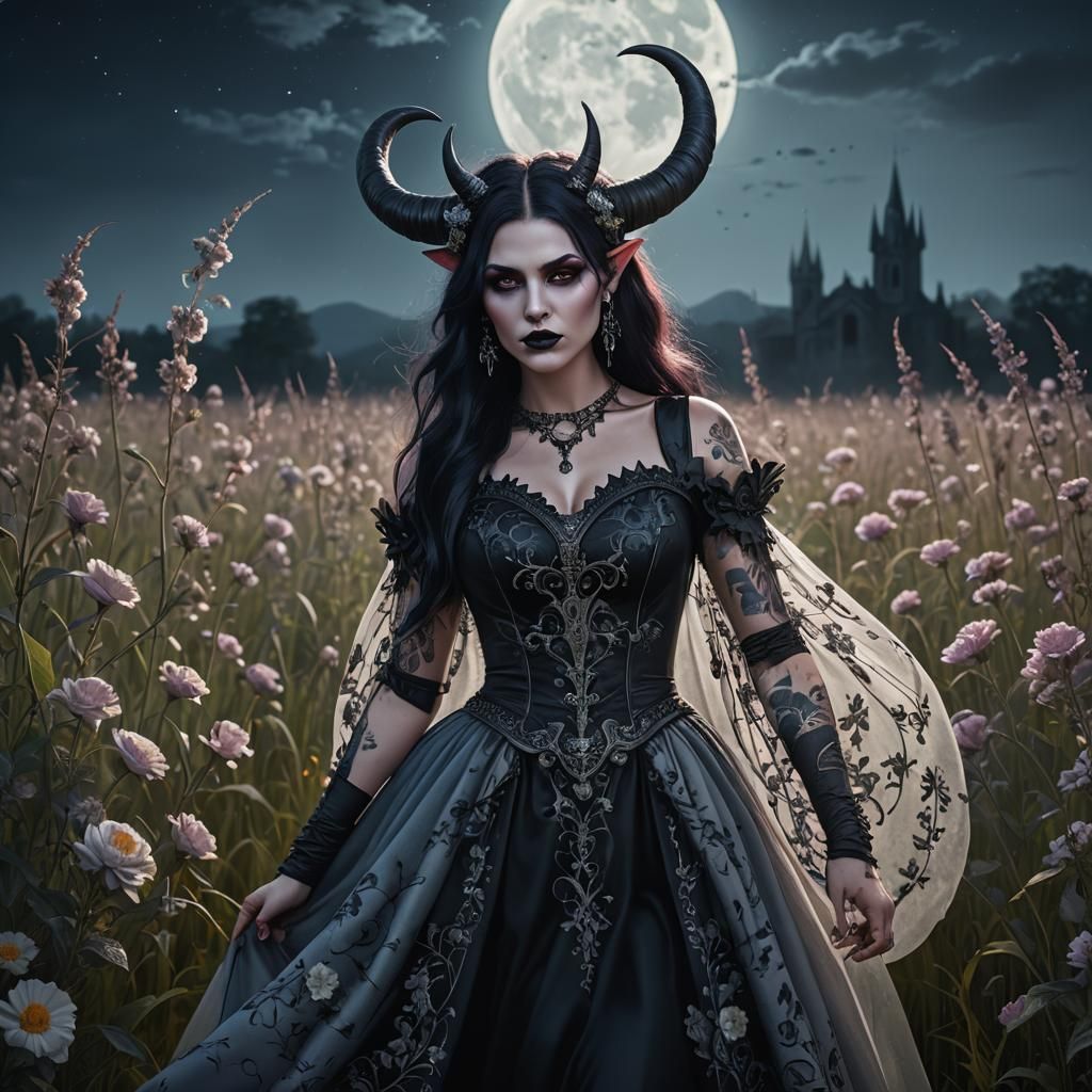 Gothic Woman with Horns in Moonlit Flower Field