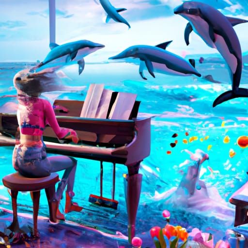 Girl Plays Piano on Skates, Dolphins Sing: Fantasy Art
